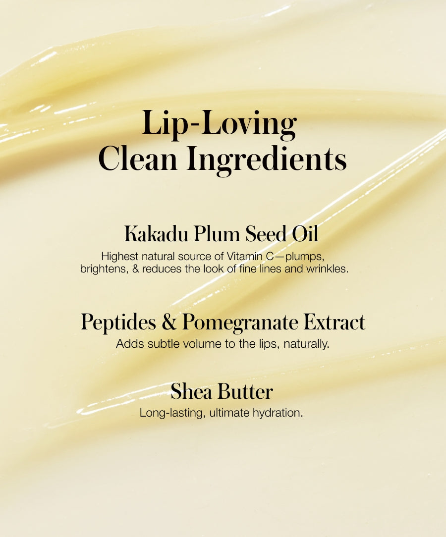 Close-up of smooth cream texture with text highlighting Lipnights Overnight Lip Mask’s clean ingredients including Kakadu Plum Seed Oil for vitamin C, peptides and pomegranate extract for natural lip volume, and shea butter for lasting hydration.