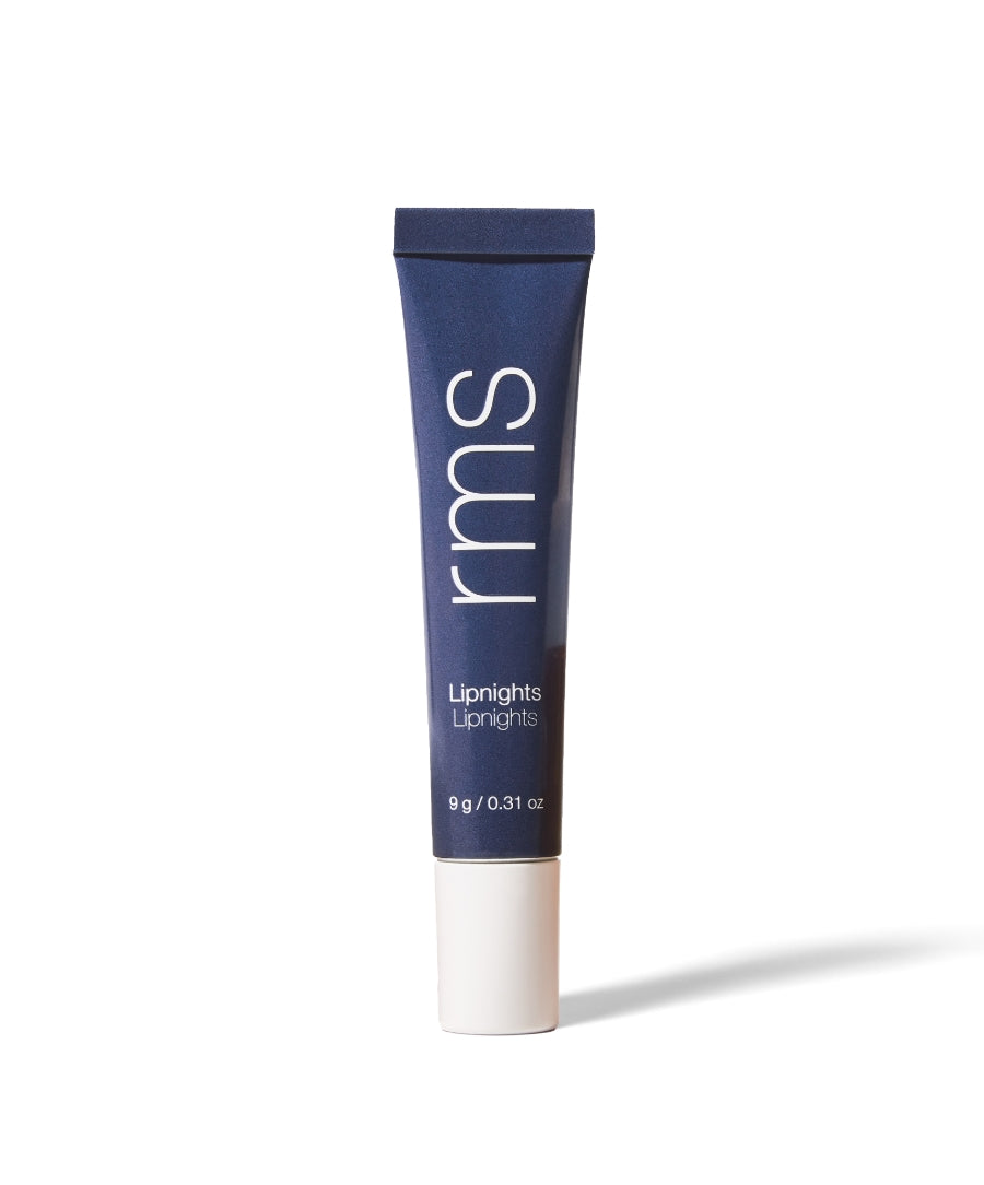 Tube of Lipnights Overnight Lip Mask by RMS Beauty in navy blue with white cap, designed for clean beauty and natural skincare infused makeup.