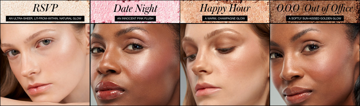 Close-up portraits of four women with natural makeup showcasing different subtle glowing finishes named RSVP, Date Night, Happy Hour, and 0.0.0 Out of Office.