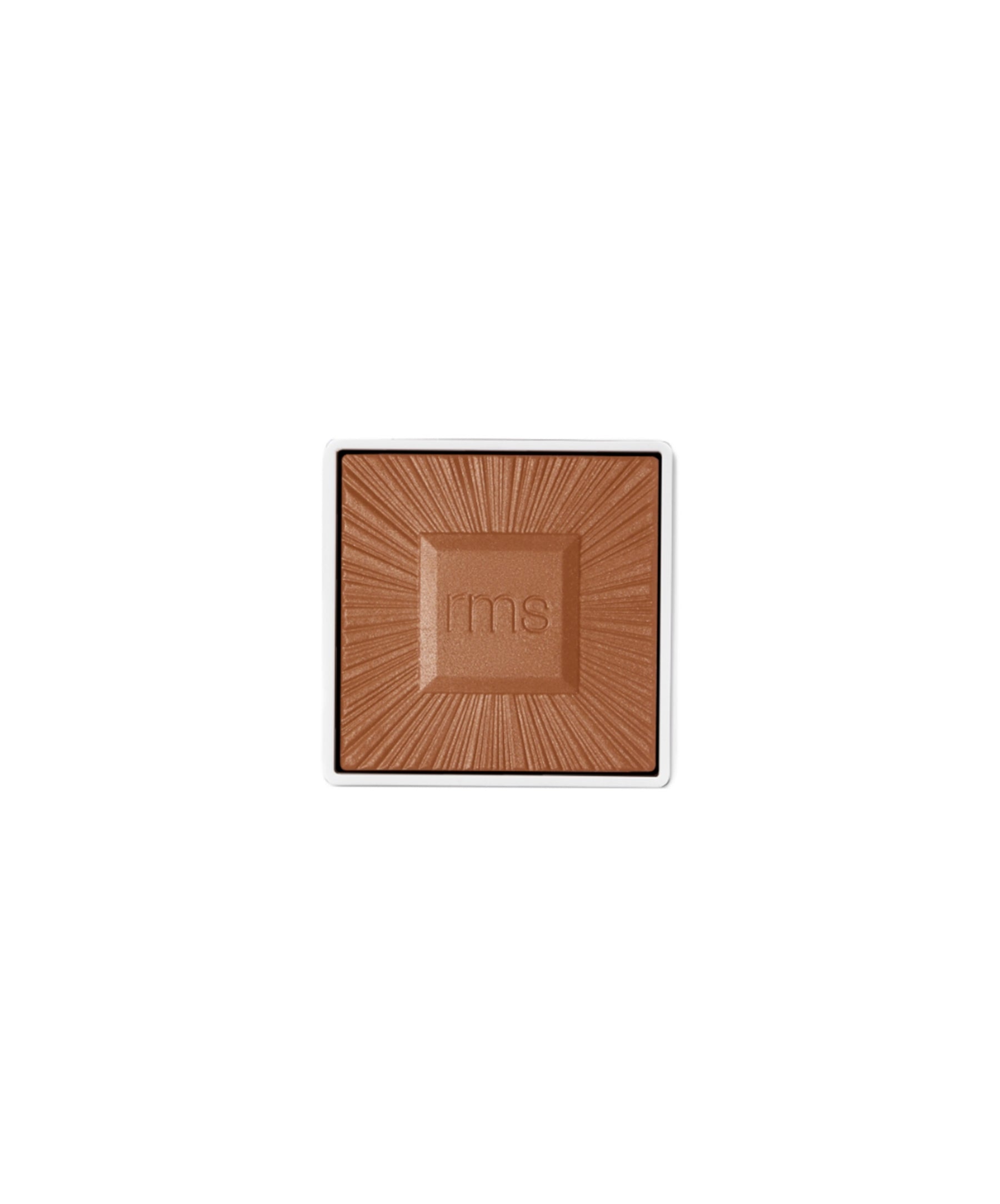 Square compact of ReDimension Hydra Bronzer makeup in a warm tan shade with a radiant sunburst pattern and RMS embossed in the center, highlighting clean beauty and natural ingredients.