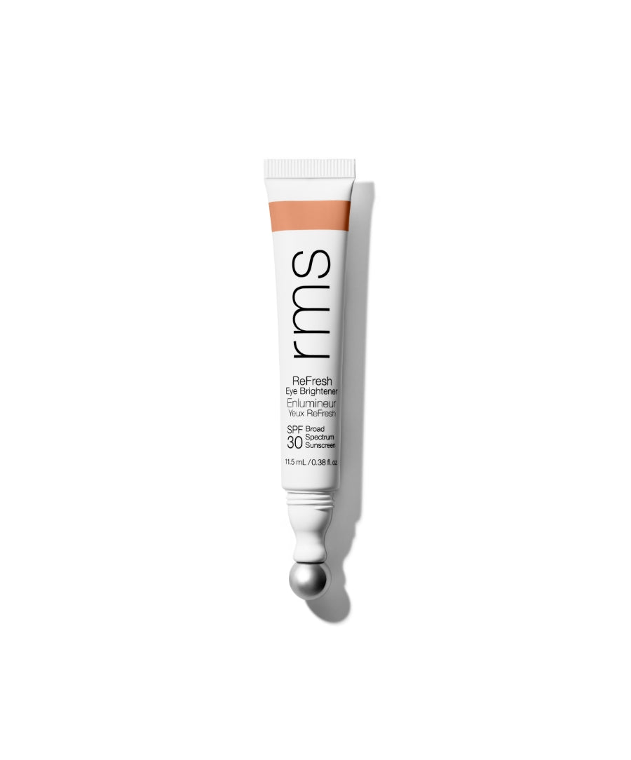 ReFresh Eye Brightener Broad Spectrum SPF 30 + Correcting Tint tube with a metallic applicator tip, designed for skincare infused makeup and clean beauty.