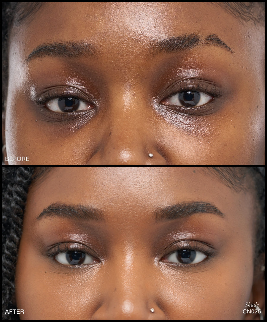 Close-up before and after comparison of a woman's face showing the effects of Revitalize Hydra Concealer applied under the eyes for a smooth, even complexion with natural finish.