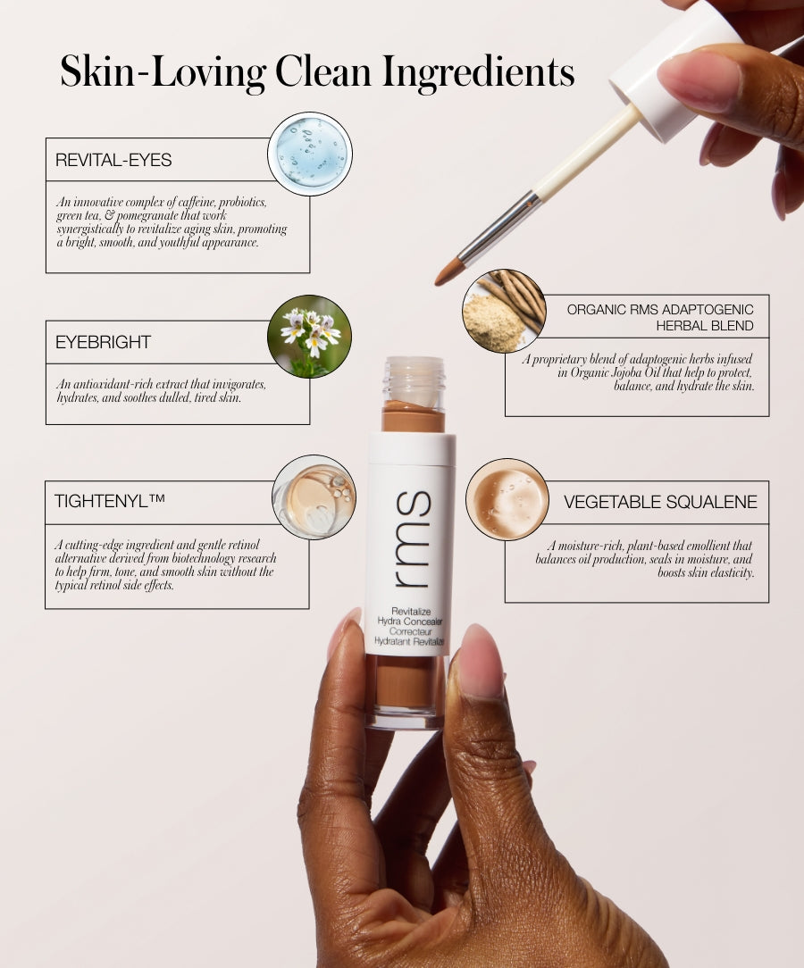 Hand holding an open bottle of Revitalize Hydra Concealer with applicator wand, surrounded by descriptions of skin-loving clean ingredients such as Revital-Eyes, Eyebright, Tightenyl™, Organic RMS Adaptogenic Herbal Blend, and Vegetable Squalene, highlighting natural and skincare-infused makeup benefits.