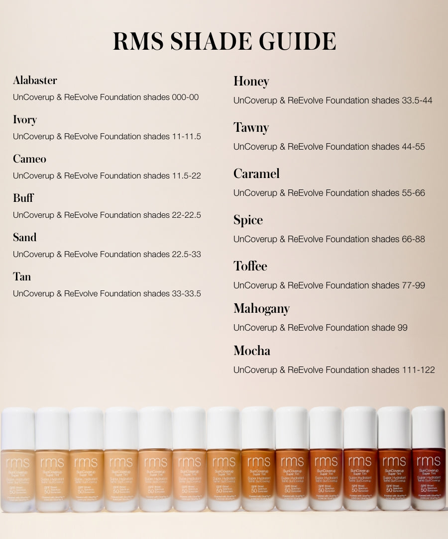 RMS Beauty shade guide displaying a range of foundation tones from Alabaster to Mocha, showing options for clean beauty and natural ingredients with the SunCoverup Super Tint Broad Spectrum SPF 50 Sunscreen.