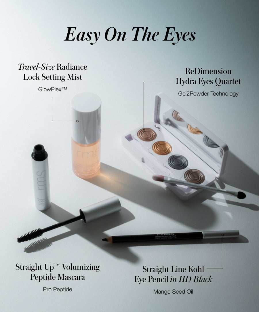The Signature Artistry Set featuring travel-size lock setting mist, volumizing peptide mascara, hydra eyes quartet eyeshadow palette with gel-to-powder technology, and HD black eye pencil with natural ingredients.