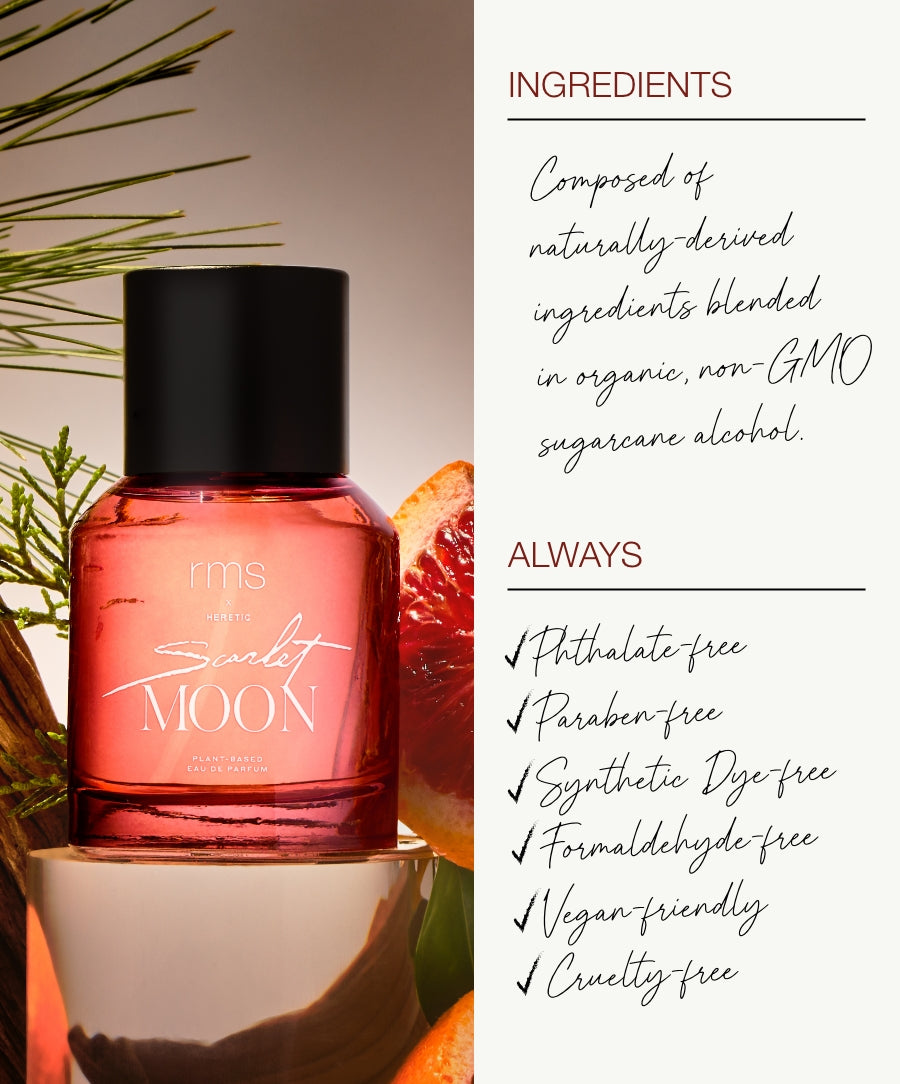 RMS x Heretic: Scarlet Moon Fragrance bottle displayed with natural elements, highlighting naturally derived ingredients, organic non-GMO sugarcane alcohol, and features like vegan-friendly and cruelty-free.