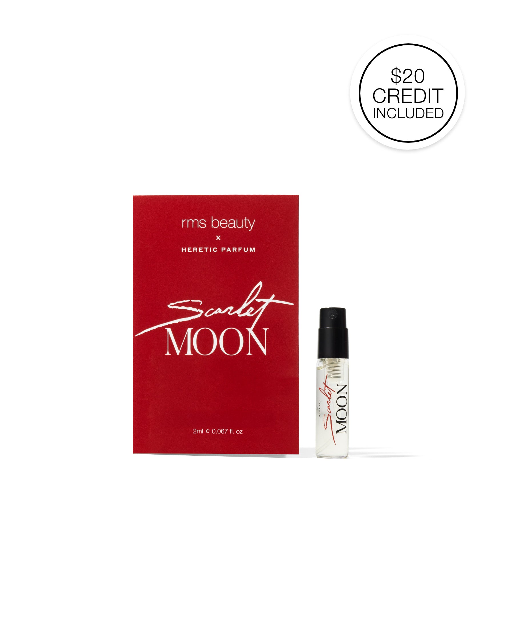 Sample vial of RMS x Heretic: Scarlet Moon Fragrance with a deep red packaging box, showcasing clean beauty and sustainable design concepts.