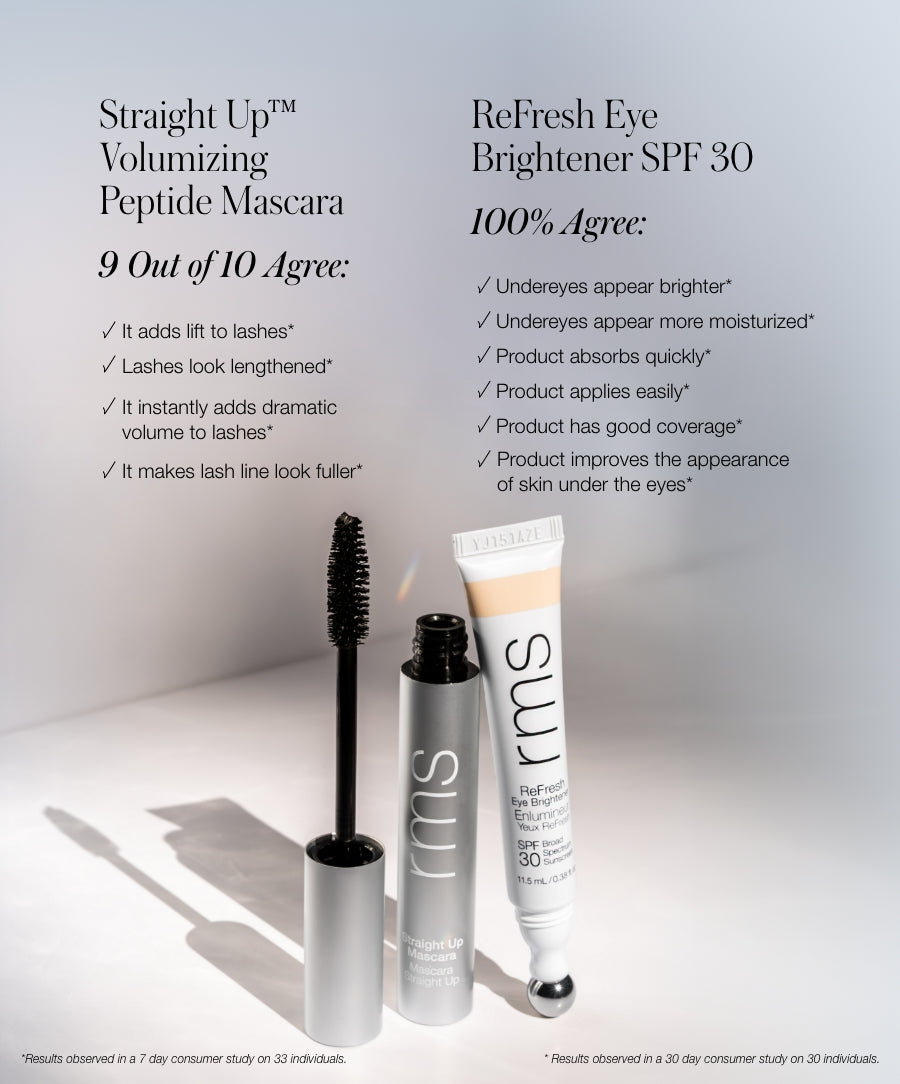 The Wide Awake Duo featuring a volumizing peptide mascara and an eye brightener with SPF 30, both designed with clean, cruelty-free ingredients for natural, radiant eyes.