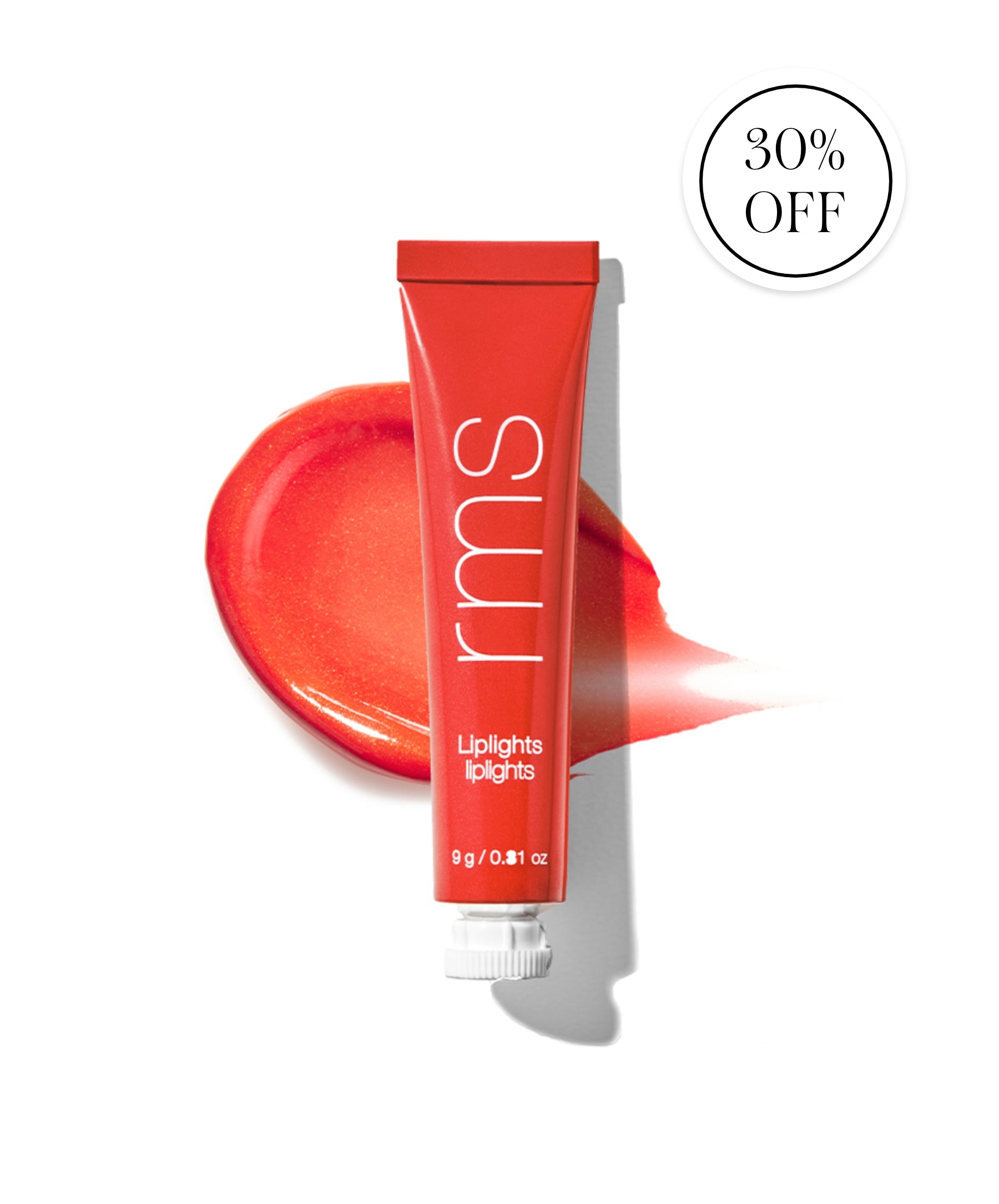 Tube of Liplights Cream Lip Gloss in vibrant red shade with a swatch of glossy color behind it, highlighting the smooth, creamy texture.