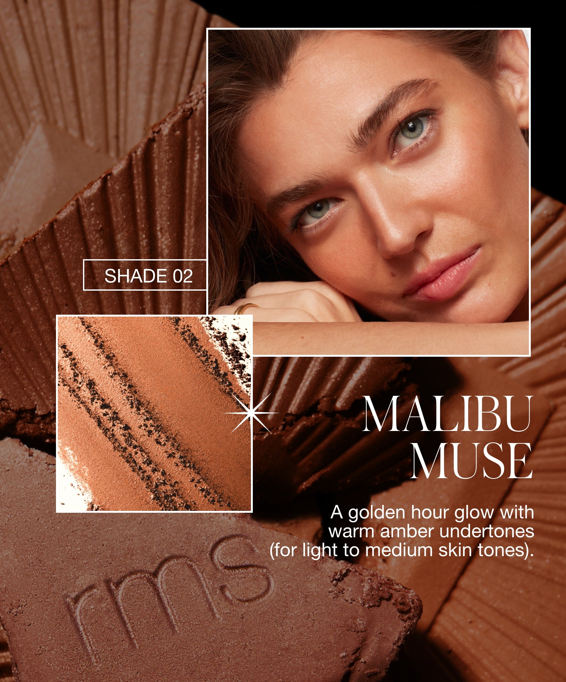 Close-up of warm amber "Shade 02 Malibu Muse" bronzer powder with textured imprint, alongside a model showcasing radiant, natural-looking skin glow using ReDimension Hydra Bronzer for light to medium skin tones.
