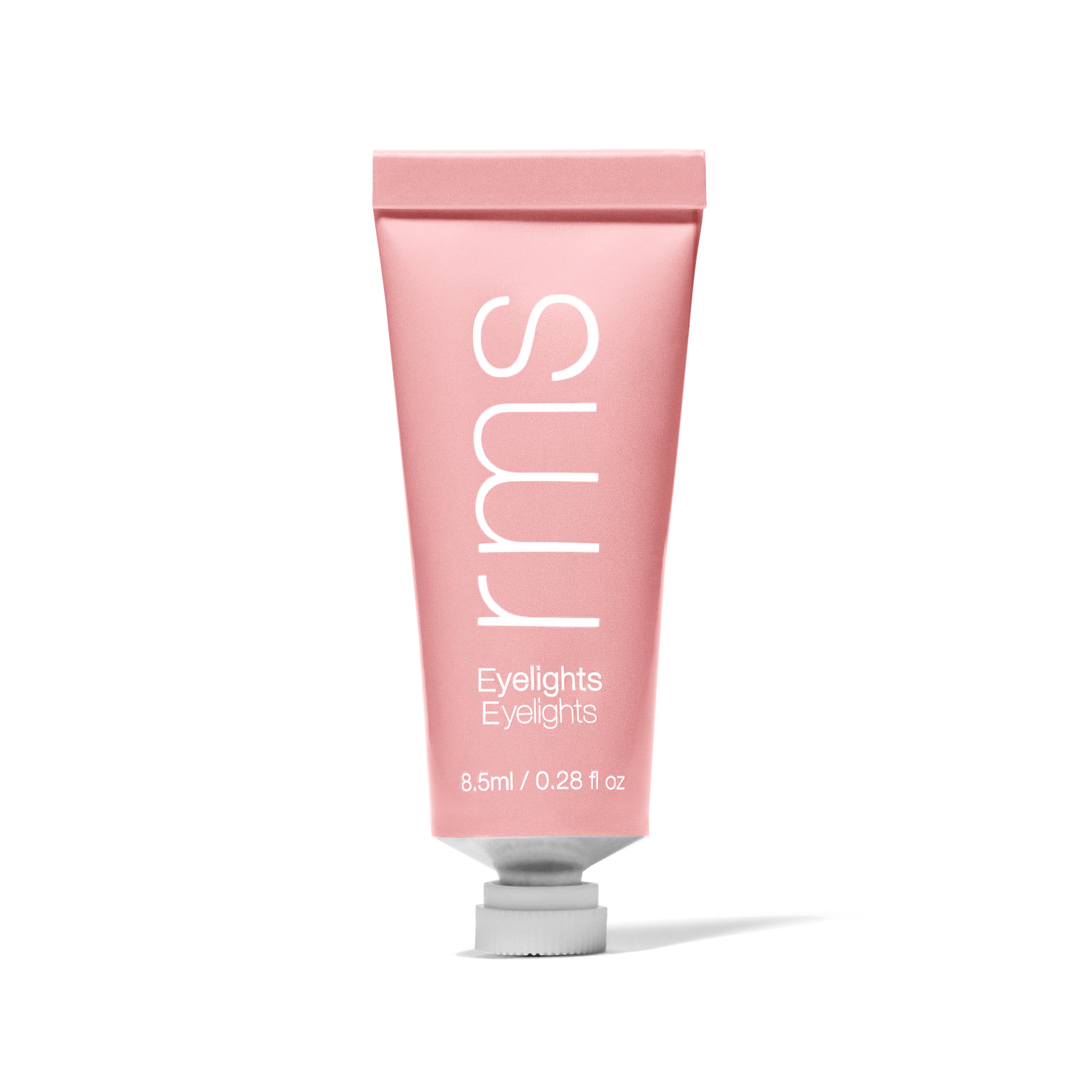 Tube of pink RMS Beauty Eyelights Cream Eyeshadow with white text on a white background, featuring clean beauty and natural ingredients.