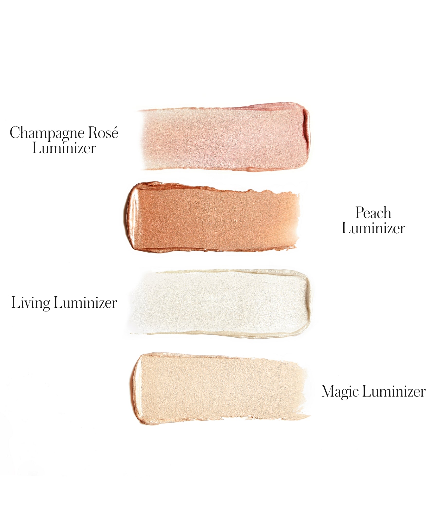 Four swatches of luminous makeup shades labeled Champagne Rosé, Peach, Living, and Magic Luminizer, showing a range of soft pink, warm peach, pearl white, and light beige tones for radiant skin.
