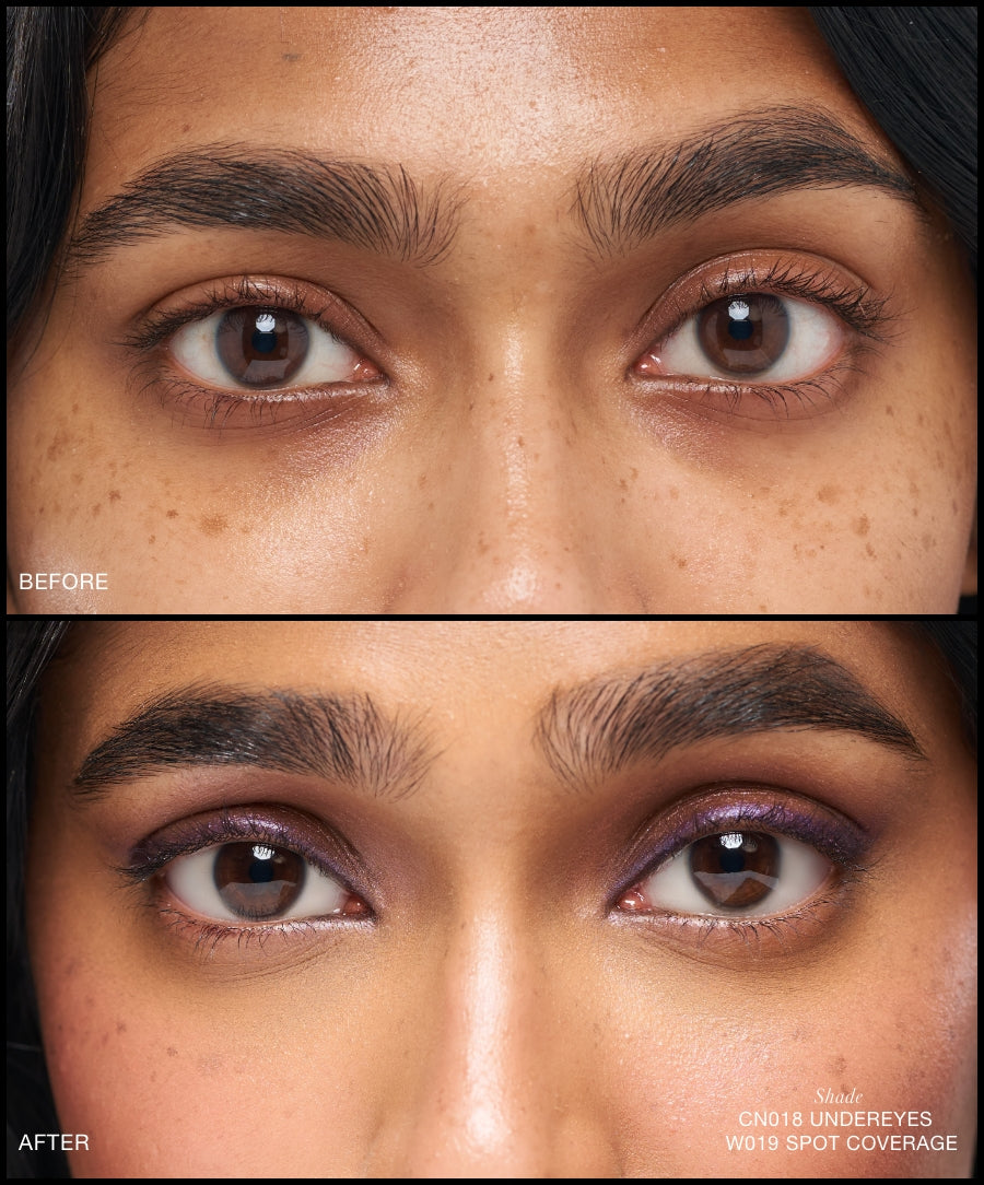Close-up comparison of eyes before and after applying Revitalize Hydra Concealer, showing natural coverage of dark circles and even skin tone with a subtle radiant finish.