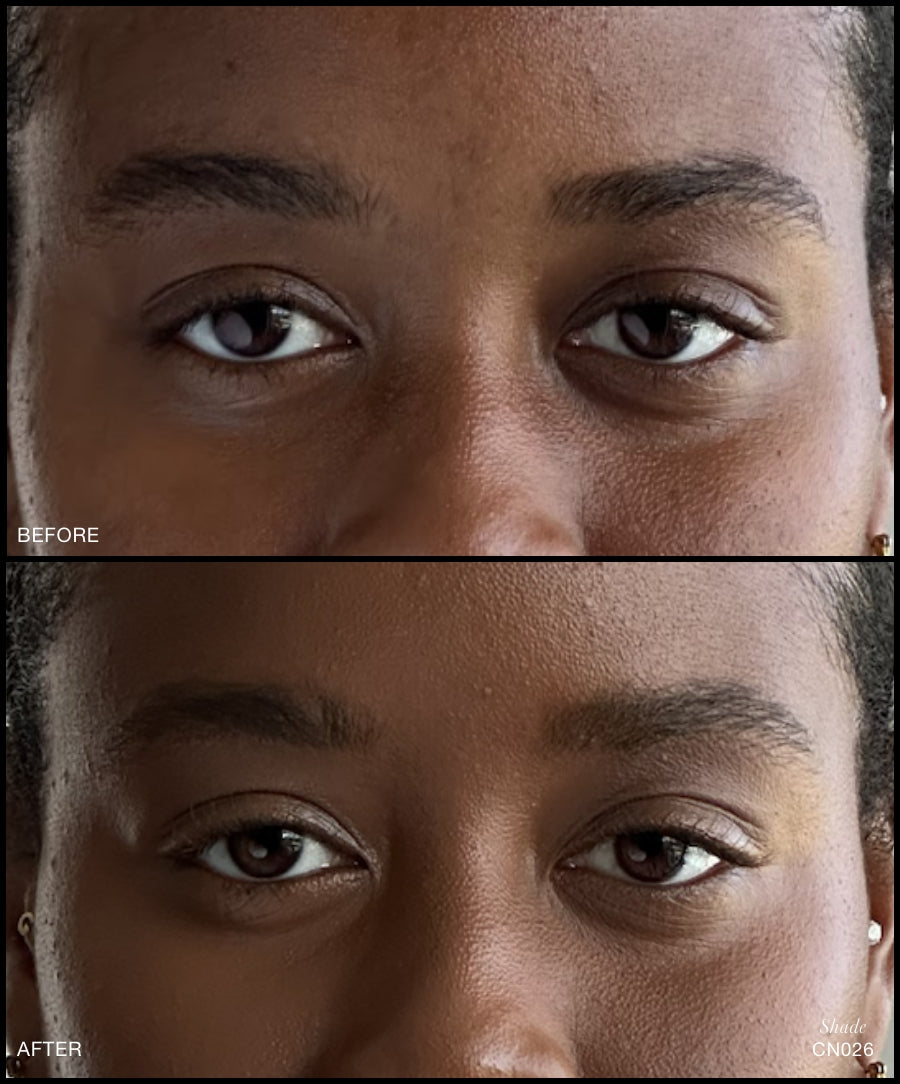 Close-up comparison showing the natural coverage and smooth finish of Revitalize Hydra Concealer on medium to dark skin, enhancing skin tone with clean beauty and natural ingredients.