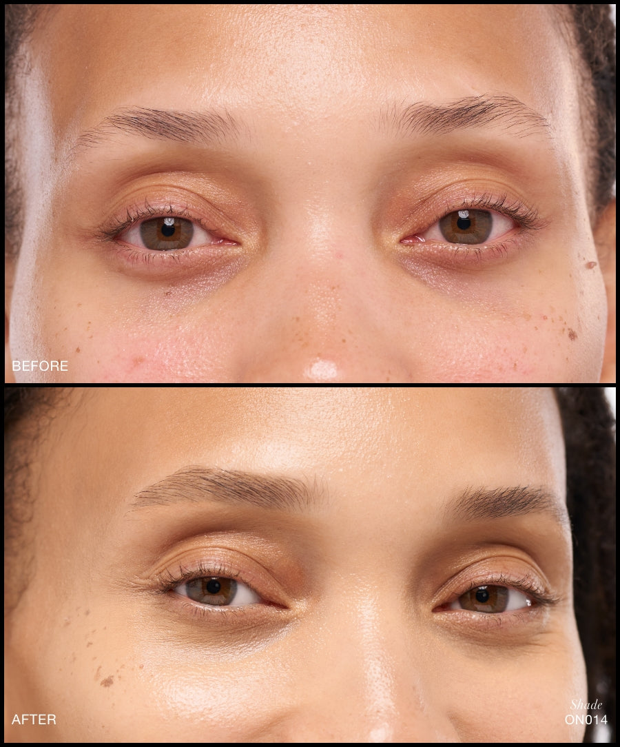 Close-up comparison showing under-eye area before and after applying Revitalize Hydra Concealer, highlighting smoother, brighter skin with natural finish and clean beauty look.