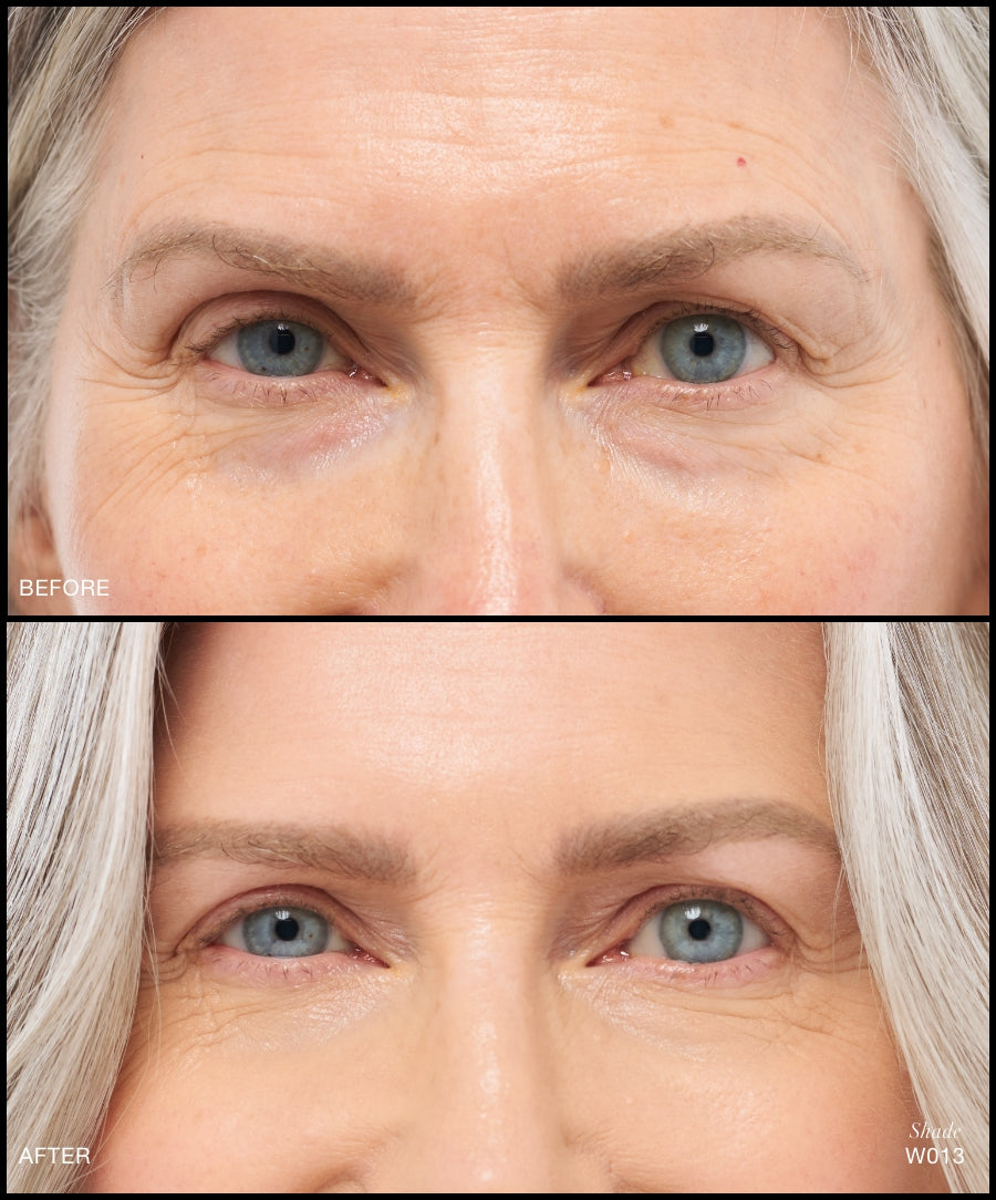 Close-up comparison of a woman's eyes before and after applying Revitalize Hydra Concealer, showing reduced wrinkles and smoother skin with natural finish.