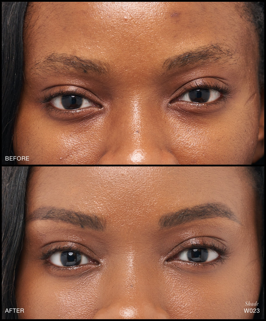 Close-up comparison of a woman's eyes showing before and after effects of Revitalize Hydra Concealer in shade W023, highlighting smooth, even skin tone with natural, radiant finish.