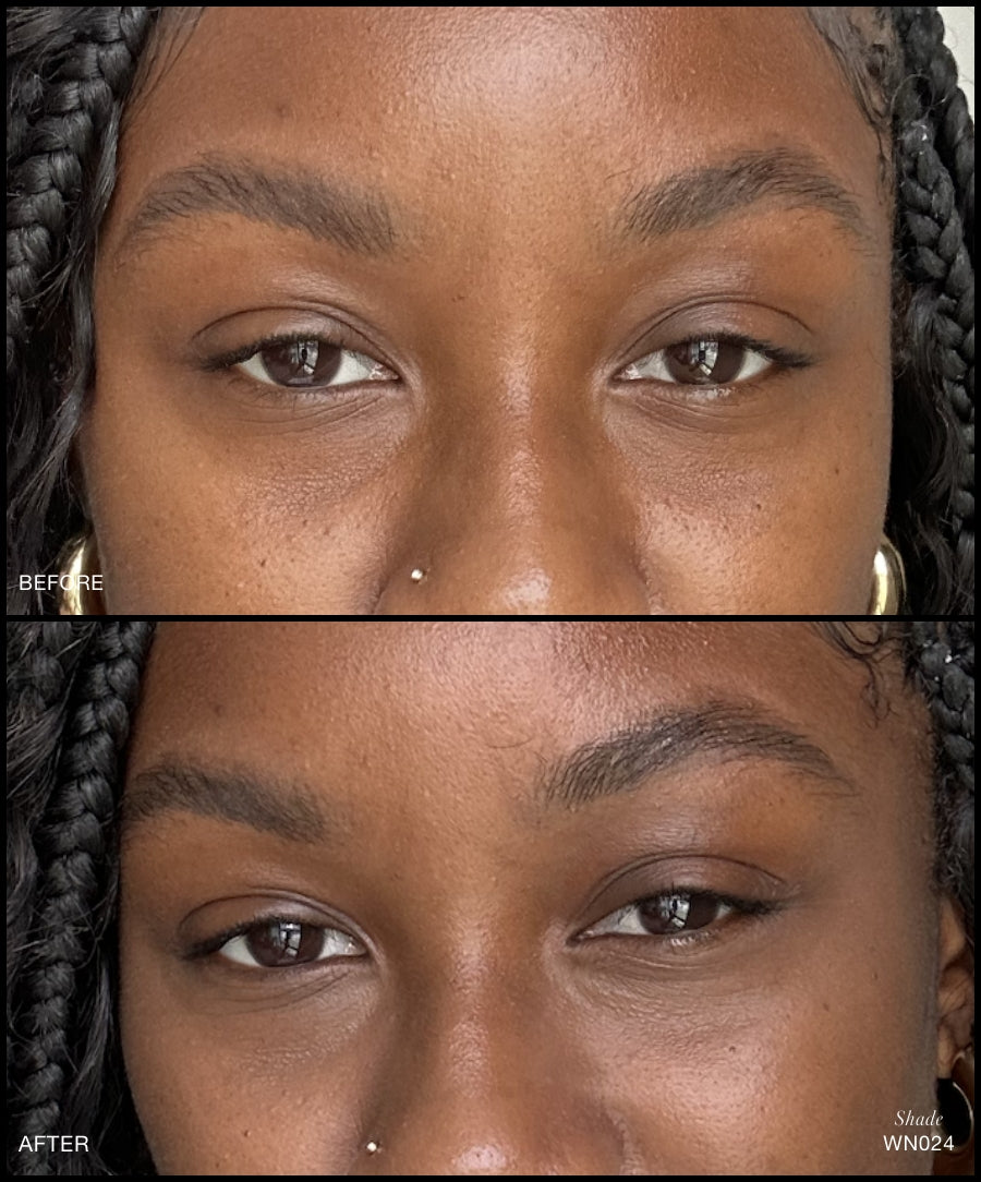 Close-up before and after comparison of a woman's eyes showing smoother, more even skin tone and reduced under-eye darkness using Revitalize Hydra Concealer in shade WN024 with clean beauty and natural ingredients.