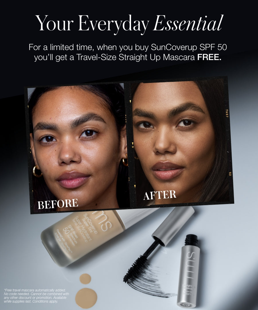 Before and after close-up portraits of a woman showing natural makeup look, with a bottle of SunCoverup Super Tint Broad Spectrum SPF 50 Sunscreen and a travel-size straight up mascara brush and tube below.