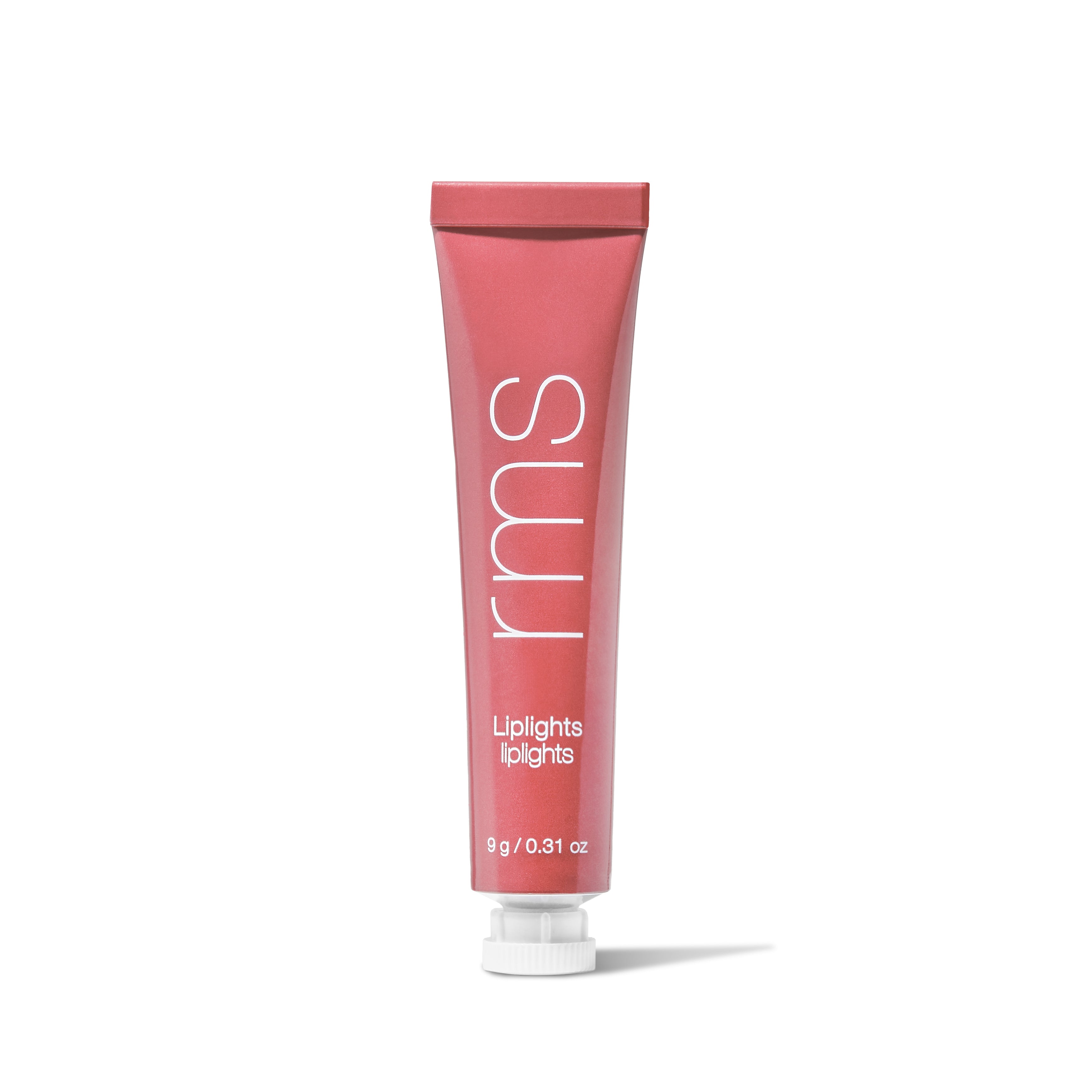 Tube of RMS Beauty Liplights Cream Lip Gloss in a warm rose shade with clean beauty ingredients in recyclable packaging for a sustainable, natural makeup look.