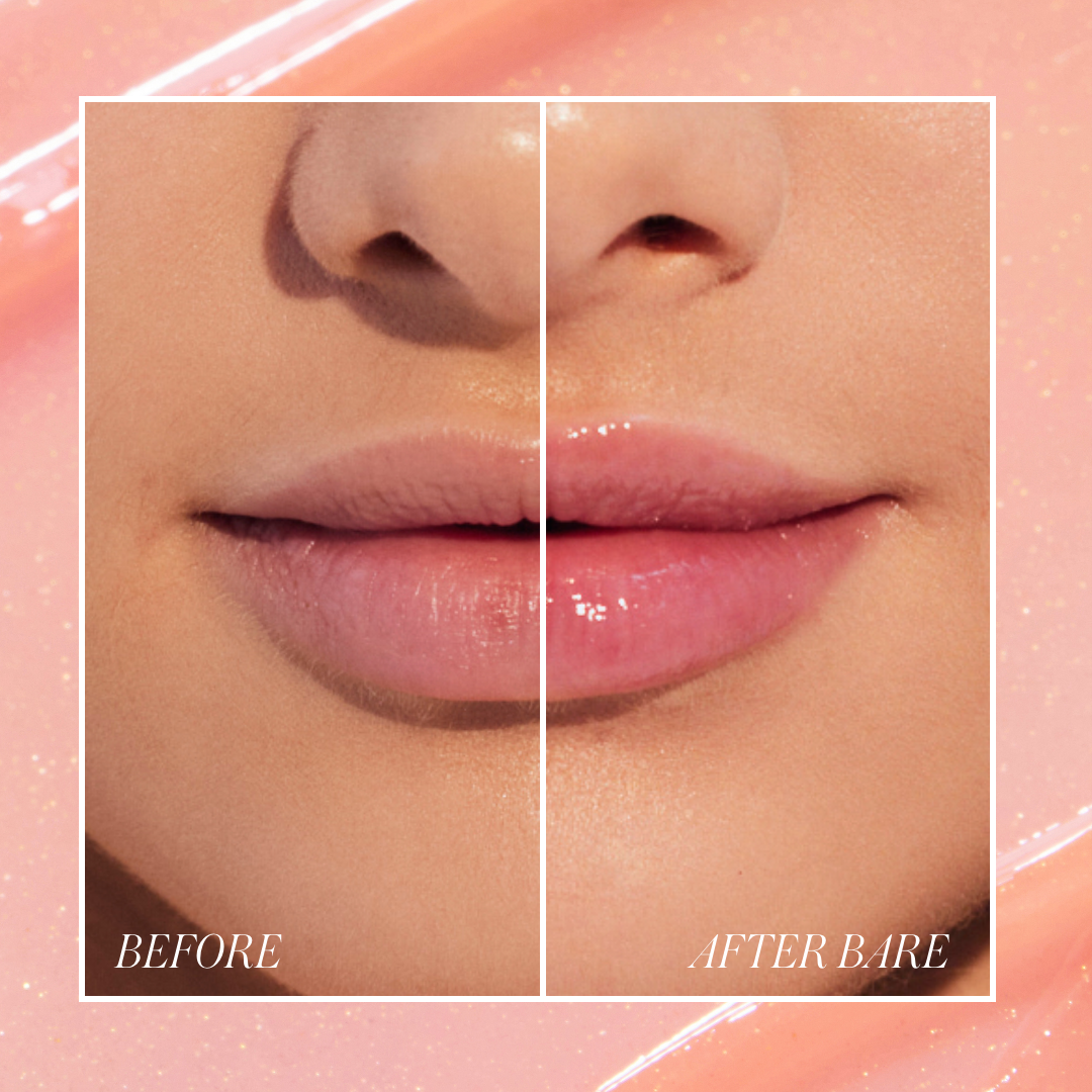 Close-up of lips showing a before and after comparison with Liplights Cream Lip Gloss applied, highlighting a natural, glossy finish and enhanced color.