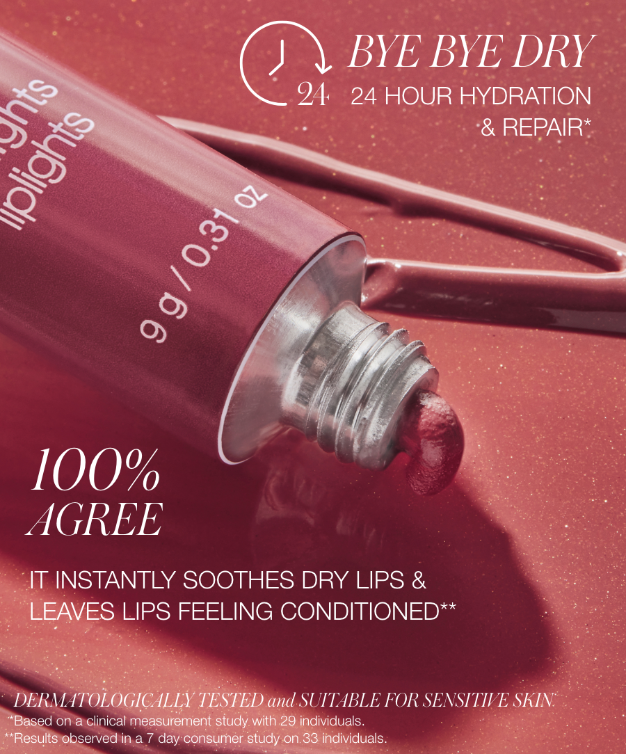 Close-up of Liplights Cream Lip Gloss tube with gloss spilling out, highlighting claims of 24-hour hydration, repair, soothing dry lips, and dermatologist-tested formula suitable for sensitive skin.
