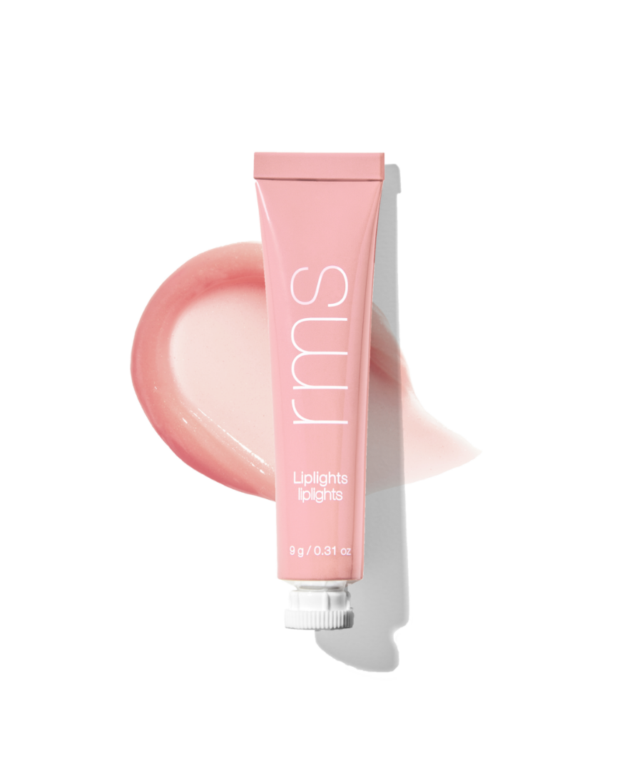 Tube of Liplights Cream Lip Gloss in soft pink shade with a glossy swatch of the product behind it, highlighting its smooth, creamy texture and natural ingredients.