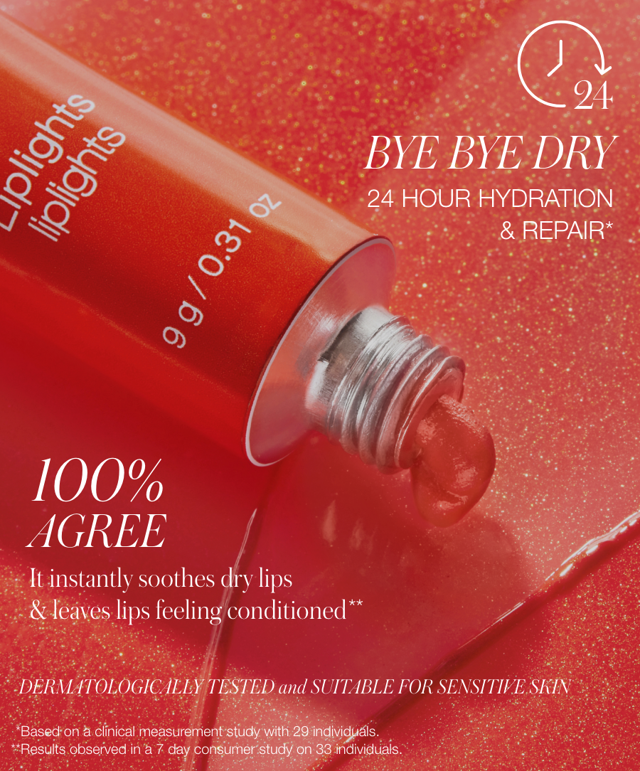 Liplights Cream Lip Gloss in a red-orange shade with a glossy texture, highlighting 24-hour hydration, repair benefits, and soothing dry lips with dermatologist-tested clean beauty ingredients.